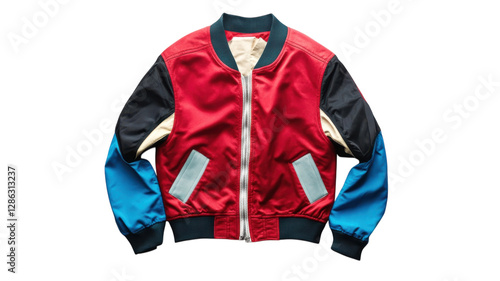 Obraz na płótnie Brightly colored bomber jacket displayed on a plain background with a focus on its unique design and construction details w salonie