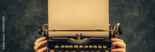 Vintage typewriter with blank paper, hands holding, dark background