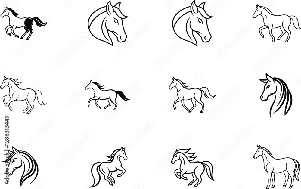 Elegant Horse Icons Line Art, Running, Headshots, and Silhouettes Elegant Horse Icons Line Art, Running, Headshots, and Silhouettes