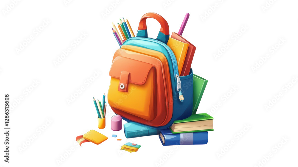 Colorful school backpack filled with supplies and books on a white background ready for a new academic year