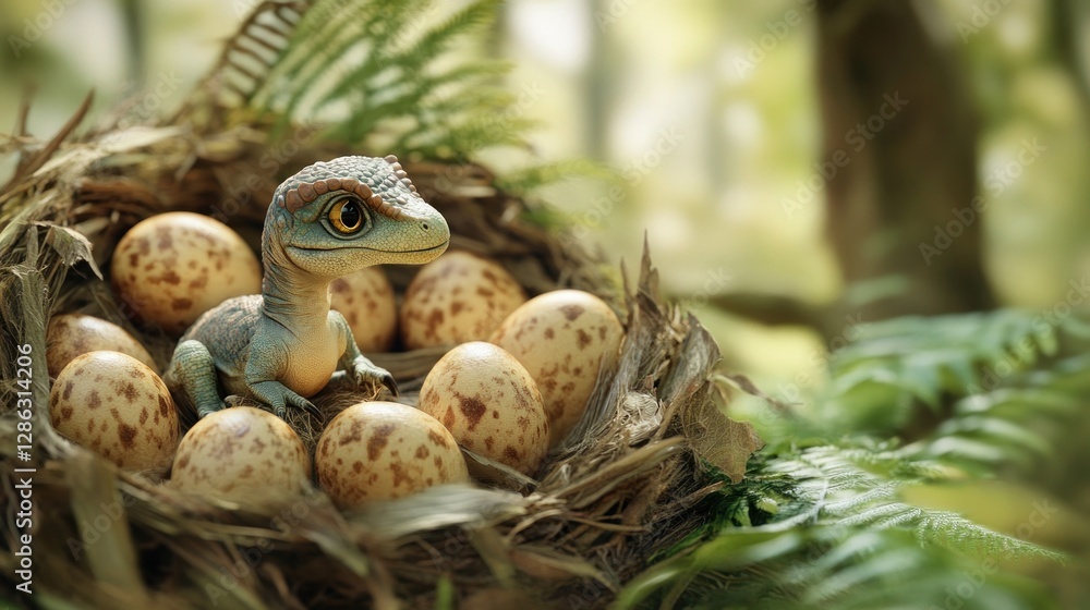 real picture of large dinosaur eggs in a nest and 1 baby dinosaur has hatched among the large eggs with a forest background real picture of large dinosaur eggs in a nest and 1 baby dinosaur has hatched among the large eggs with a forest background