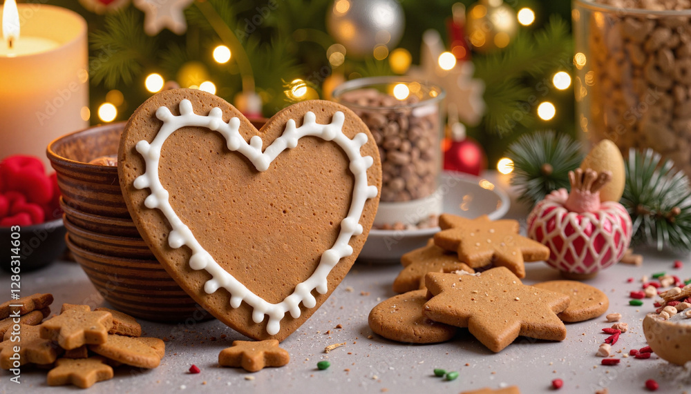 Gingerbread cookies on festive table with Christmas decorations Gingerbread cookies on festive table with Christmas decorations