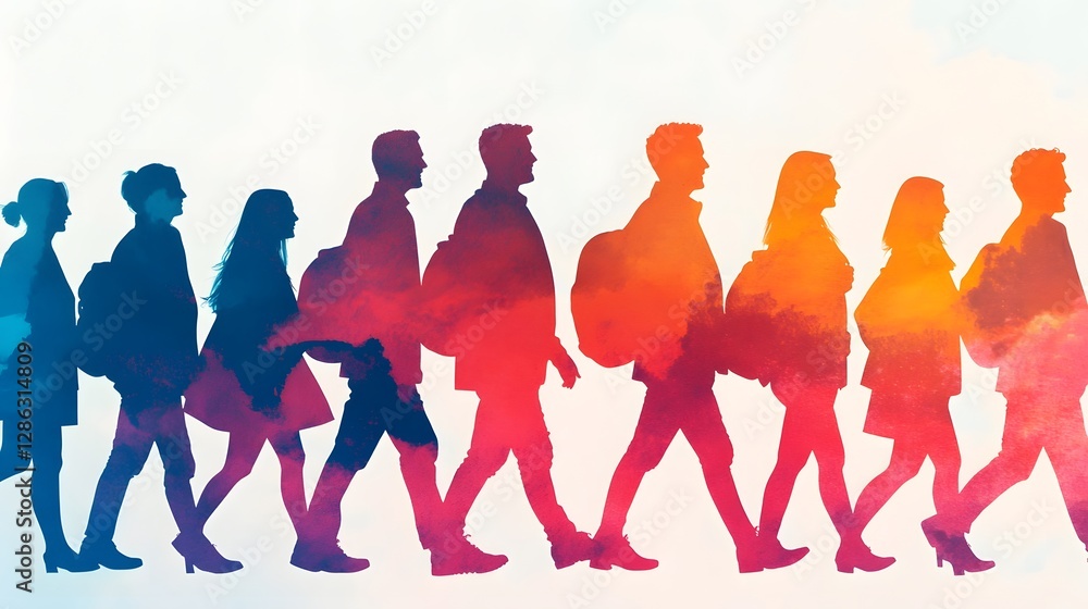 Fototapeta premium Colorful Silhouetted Crowd Walking Together, Symbolizing Diversity and Community
