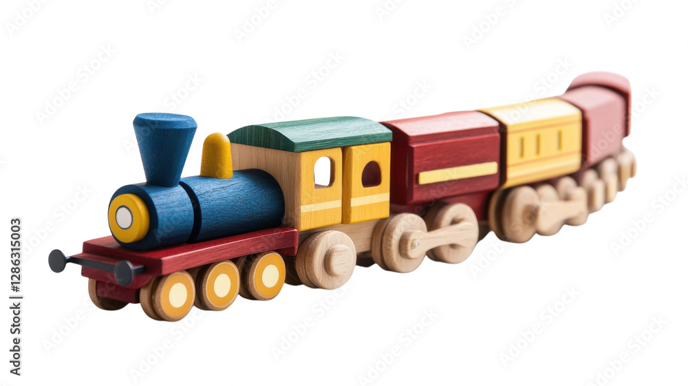 Colorful wooden train toy in bright primary colors for imaginative play in a children's playroom