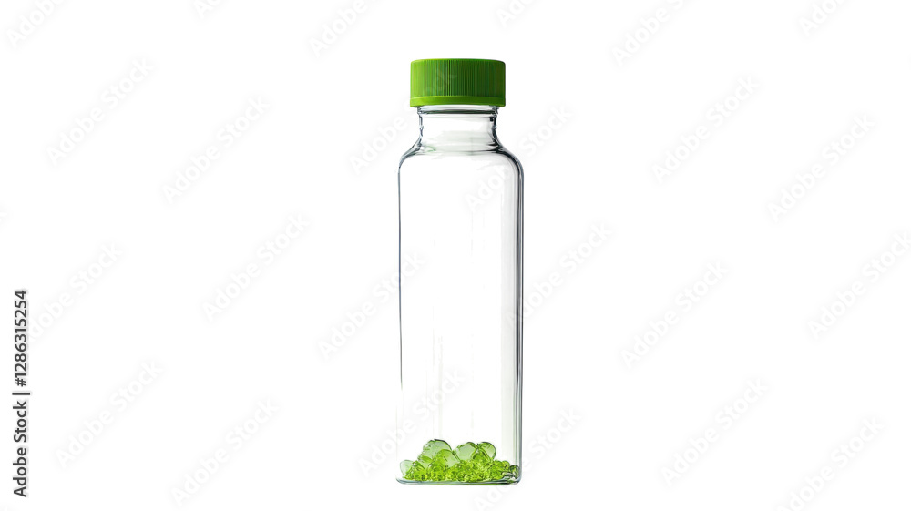 Transparent bottle with green cap and decorative green beads inside displayed on a white background for product showcase
