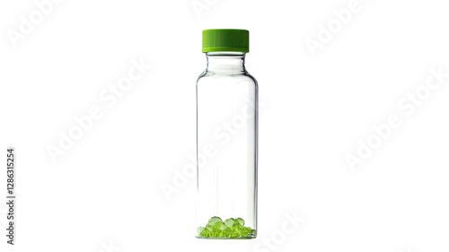 Obraz na płótnie Transparent bottle with green cap and decorative green beads inside displayed on a white background for product showcase w salonie
