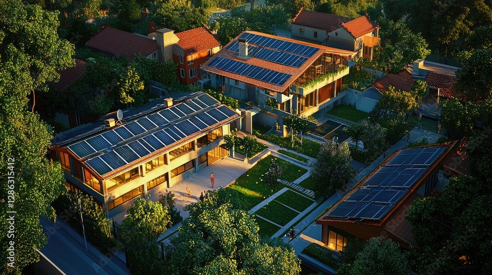 Fototapeta premium Eco-Friendly Suburban Houses with Solar Panels, An Aerial View of Sustainable Living