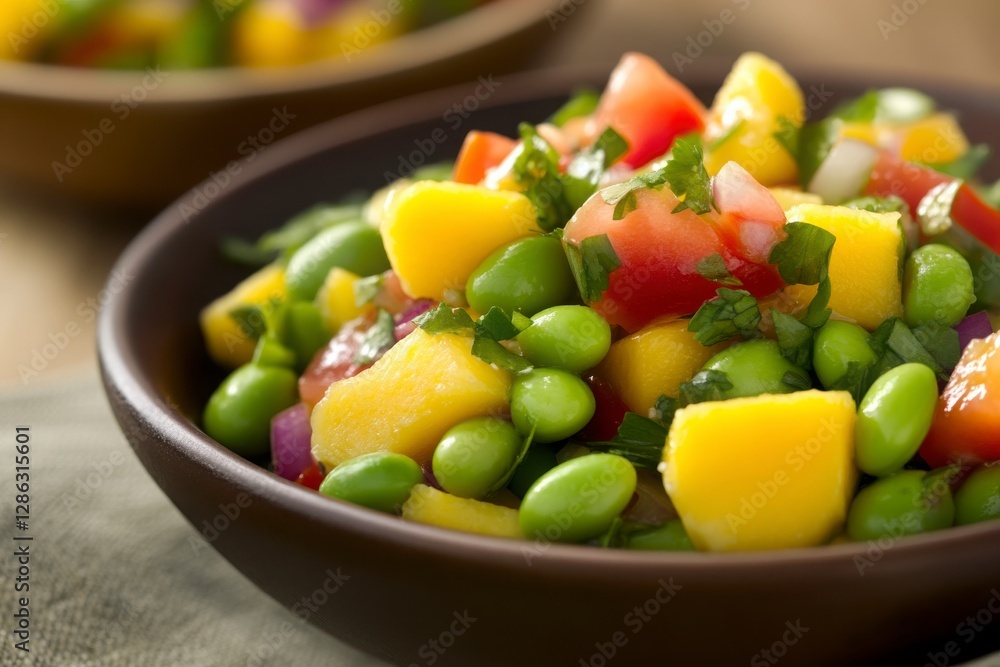 Vibrant Mango and Edamame Salad with Tomato and Cilantro in Brown Bowl with Dressing and Toppings for Healthful Light Meal Option in Summer or Spring Seasonal Dishes, Perfect for Dinner, Lunch, or Vibrant Mango and Edamame Salad with Tomato and Cilantro in Brown Bowl with Dressing and Toppings for Healthful Light Meal Option in Summer or Spring Seasonal Dishes, Perfect for Dinner, Lunch, or