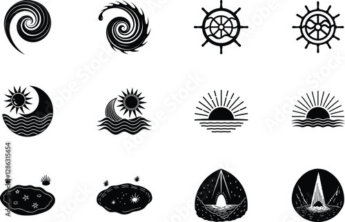 Nautical, Celestial, and Nature Spiral Icons Black and White Designs