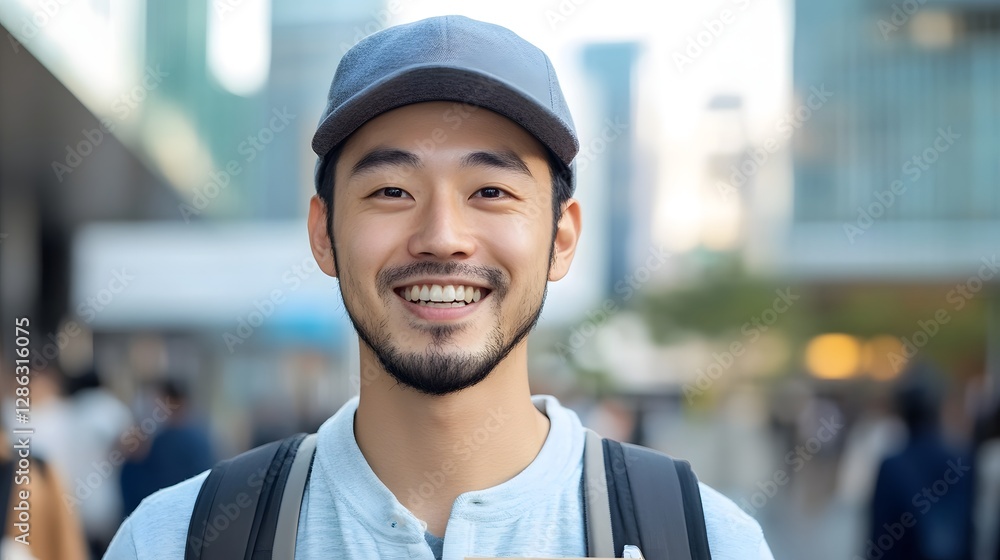Asian Delivery Man Smiling While Handing Food Package to Customer in Urban Plaza Asian Delivery Man Smiling While Handing Food Package to Customer in Urban Plaza