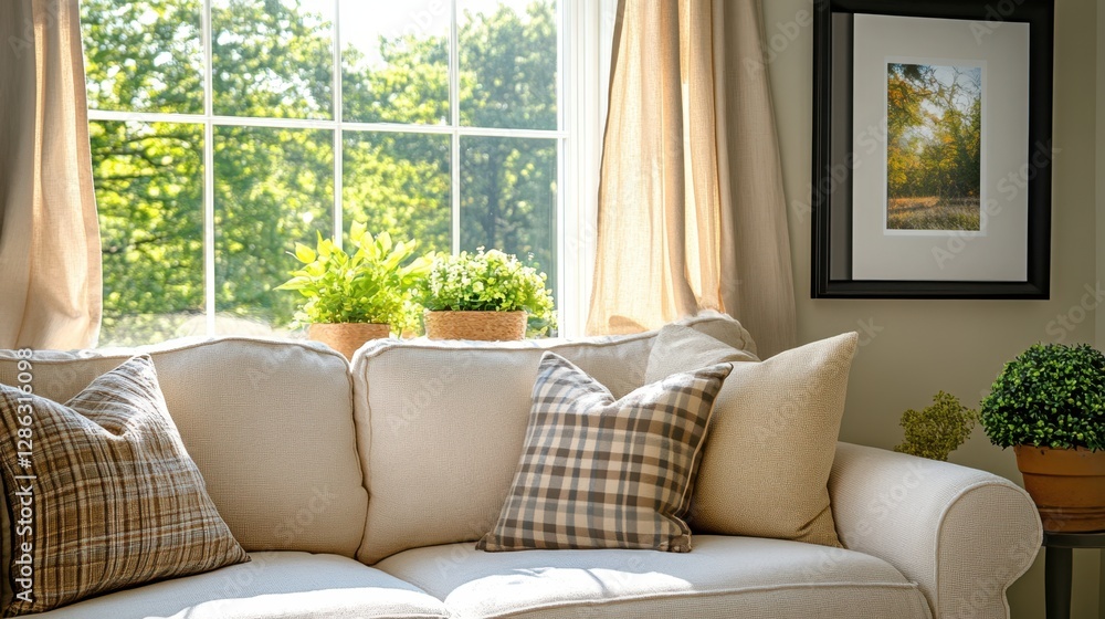 A cozy couch adorned with pillows sits beside a potted plant, creating a warm atmosphere in front of a bright window. A cozy couch adorned with pillows sits beside a potted plant, creating a warm atmosphere in front of a bright window.