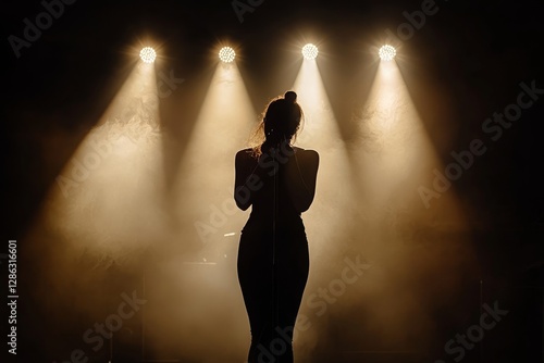 Stage Silhouette Singer Spotlight Performance - A captivating silhouette of a female singer on stage, bathed in warm spotlights. Symbolizing passion, performance, artistry, mystery, and ambition photo