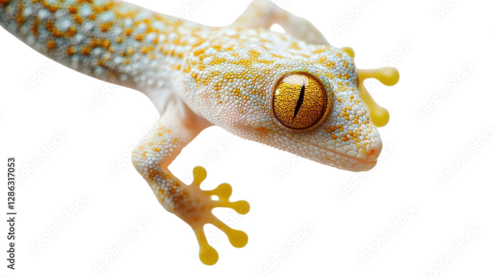 Colorful gecko with unique patterns is climbing on a white surface under bright light