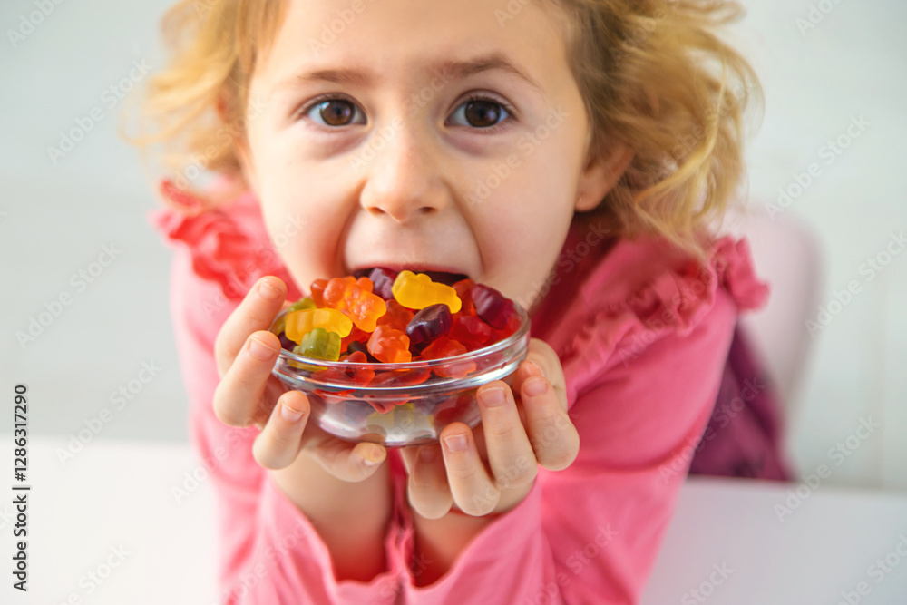 Child eating jelly candies at home. Selective focus. Child eating jelly candies at home. Selective focus.