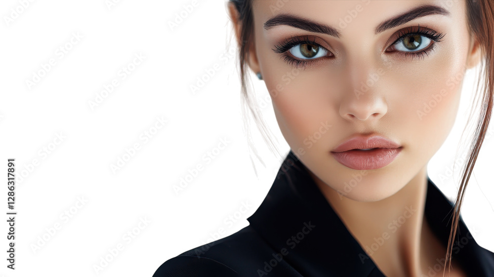Model poses with captivating gaze against white background in professional studio setting highlighting beauty and elegance Model poses with captivating gaze against white background in professional studio setting highlighting beauty and elegance