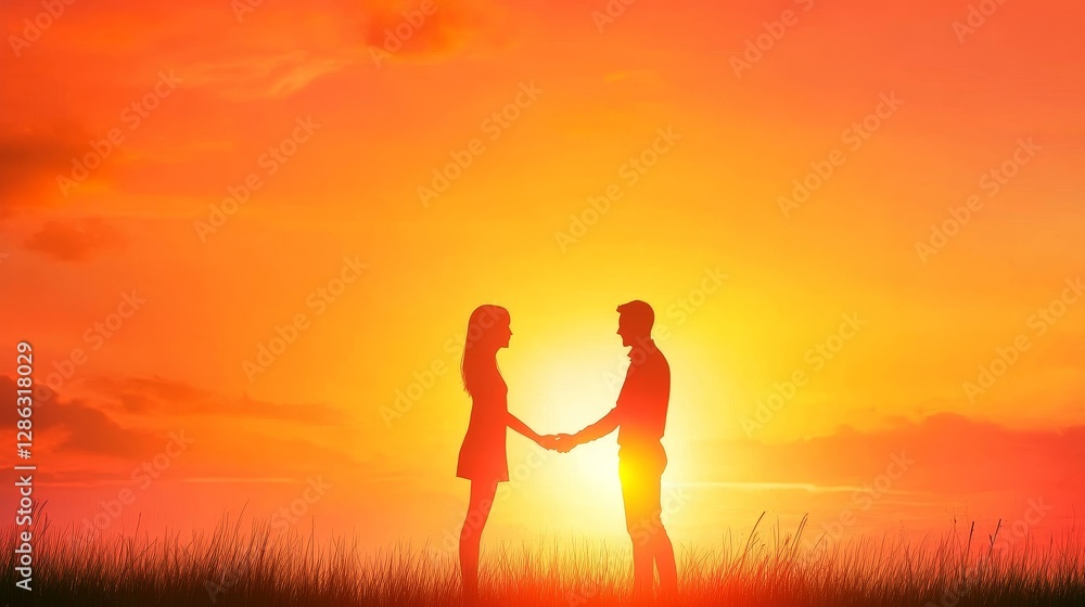 Sunset Romance: A Couple's Silhouette - Two silhouettes of a couple holding hands at sunset, symbolizing love, commitment, hope, togetherness, and new beginnings Sunset Romance: A Couple's Silhouette - Two silhouettes of a couple holding hands at sunset, symbolizing love, commitment, hope, togetherness, and new beginnings