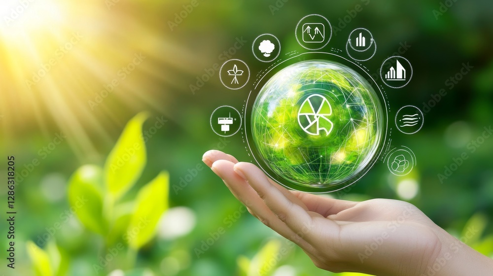 Sustainable Future: Hand Holding Eco Globe - Protecting our planet, promoting growth, fostering innovation, ensuring harmony, building a sustainable future. Eco-friendly concept Sustainable Future: Hand Holding Eco Globe - Protecting our planet, promoting growth, fostering innovation, ensuring harmony, building a sustainable future. Eco-friendly concept