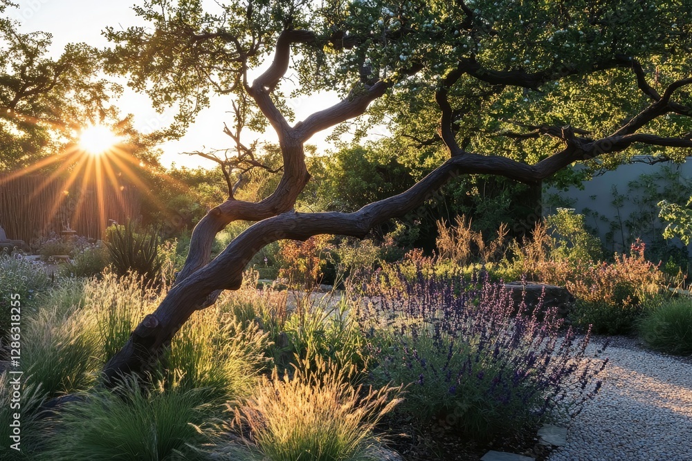 Fototapeta premium Sunset Serenity Garden Landscape - Tranquil garden scene at sunset, symbolizing peace, nature's beauty, golden hour magic, serenity, and the passage of time