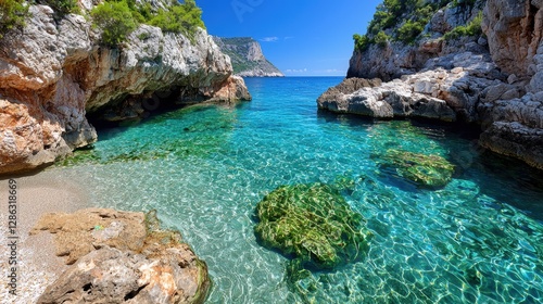Scenic Coastal Cave with Clear Turquoise Water and Rocky Shoreline in a Sunny Mediterranean Landscape