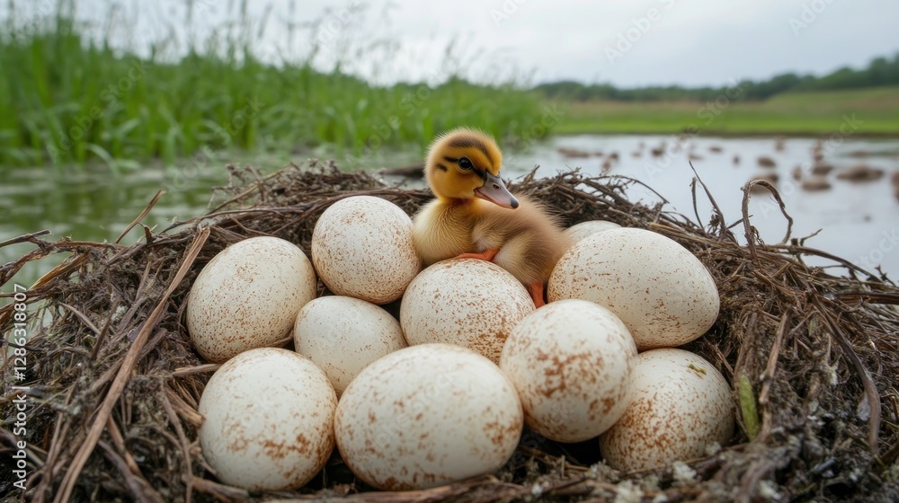 real picture of large duck eggs in the nest and 1 baby duck has hatched among the large eggs with a wet field in the background real picture of large duck eggs in the nest and 1 baby duck has hatched among the large eggs with a wet field in the background