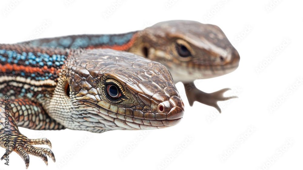 Close-up view of colorful lizards showcasing intricate patterns and textures in a natural light setting