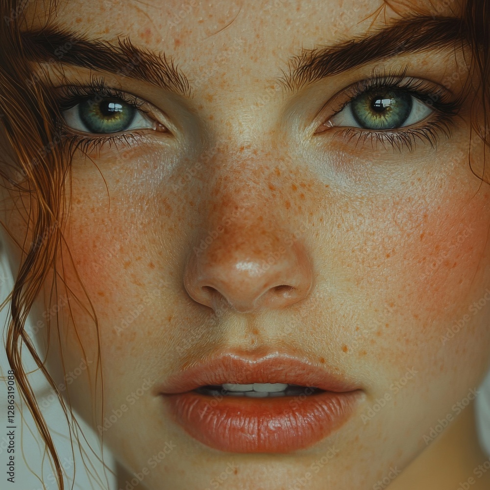 Fototapeta premium A close-up portrait of a young woman with freckles and striking green eyes.