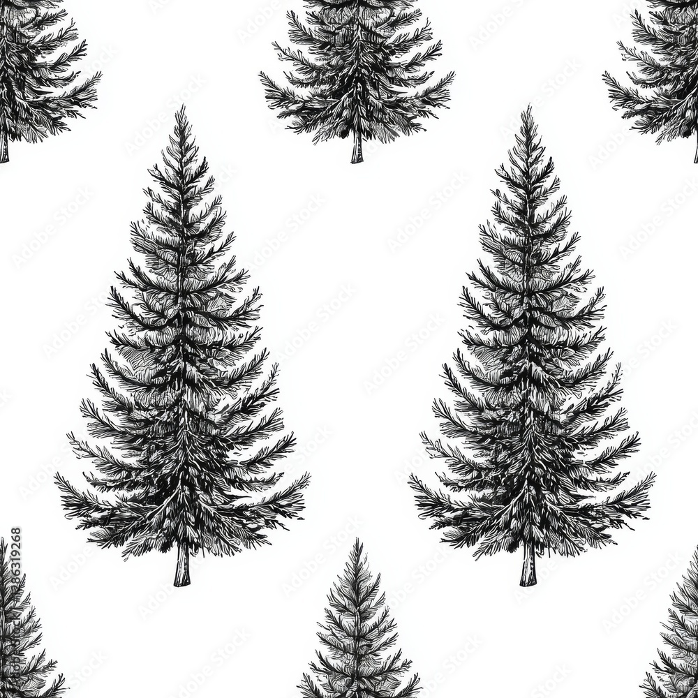 Fototapeta premium A seamless pattern of evergreen trees, beautifully illustrated in black and white.