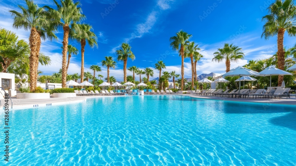 Tranquil Resort Poolside Oasis With Palm Trees - Luxurious resort pool, palm trees, clear blue water, summer vacation, relaxation. Symbolizing serenity, escape, paradise, luxury, and rejuvenation Tranquil Resort Poolside Oasis With Palm Trees - Luxurious resort pool, palm trees, clear blue water, summer vacation, relaxation. Symbolizing serenity, escape, paradise, luxury, and rejuvenation