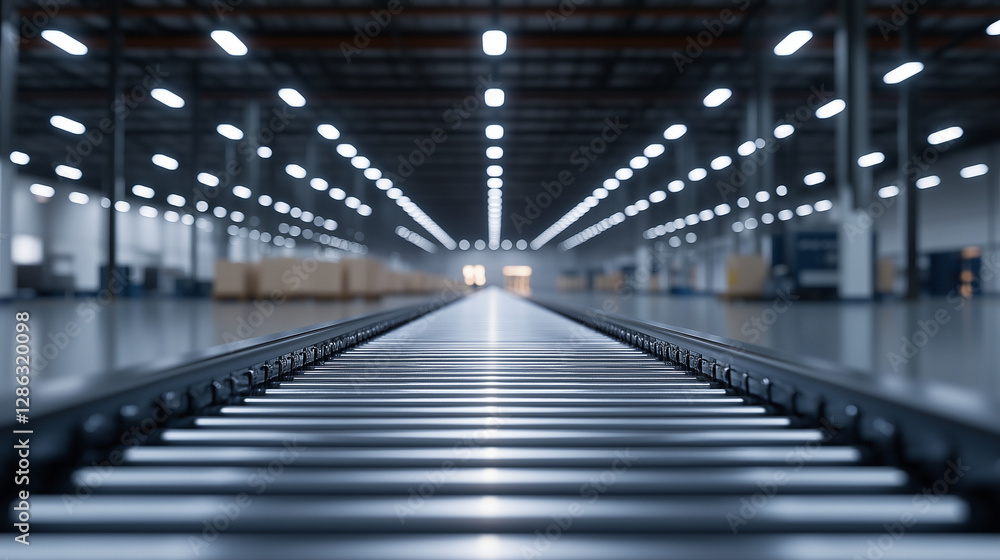 Obraz premium An empty roller conveyor system stands ready for production inside a factory with high ceilings and bright LED lighting. The polished metal rollers reflect the clean, efficient ind