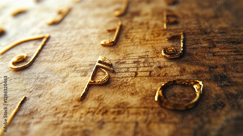 Golden Musical Notes on Antique Sheet Music
