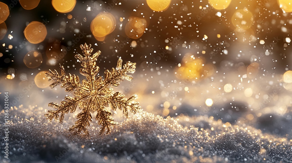 Golden Snowflake In Winter Snow Festive Lights Golden Snowflake In Winter Snow Festive Lights