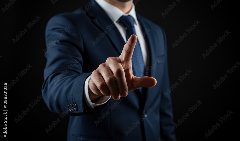 Businessman in Suit Pointing Forward on Dark Background – Leadership, Decision-Making, Technology, Authority, Innovation, and Corporate Power Businessman in Suit Pointing Forward on Dark Background – Leadership, Decision-Making, Technology, Authority, Innovation, and Corporate Power