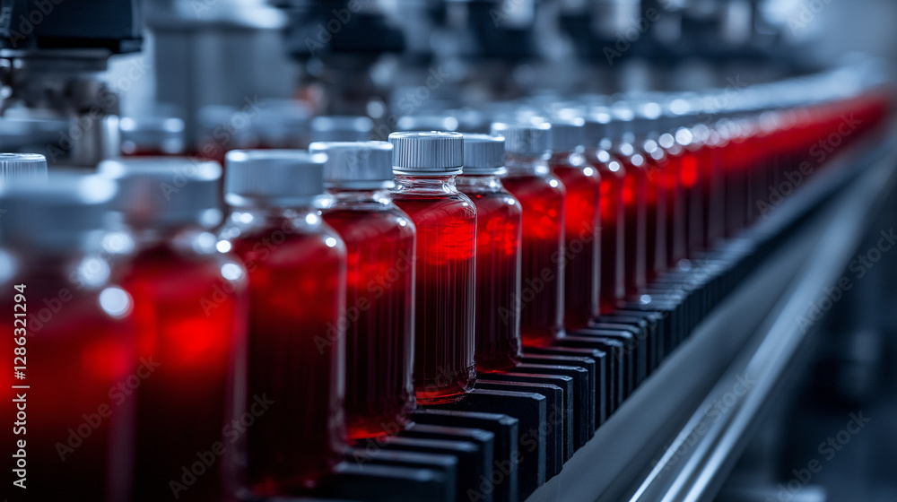 A fully automated juice bottling production line in action, with rows of neatly sealed glass bottles moving rapidly along a conveyor. Advanced machinery and quality control sensors A fully automated juice bottling production line in action, with rows of neatly sealed glass bottles moving rapidly along a conveyor. Advanced machinery and quality control sensors