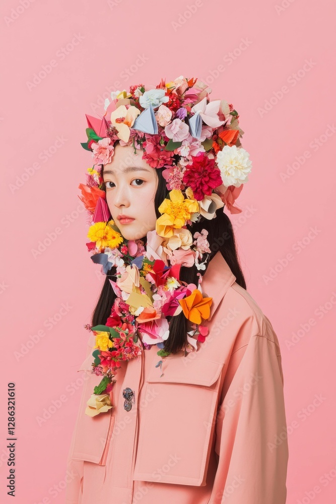 Fototapeta premium Young Asian woman adorned with colorful flowers in a creative floral headpiece against a soft pink background, representing beauty and nature