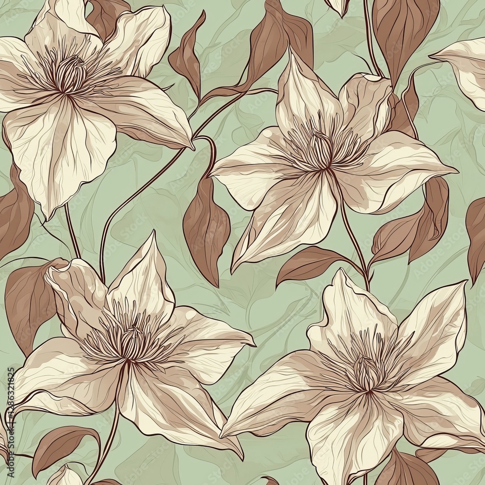 Elegant floral pattern with delicate flowers in soft beige and green tones. Elegant floral pattern with delicate flowers in soft beige and green tones.