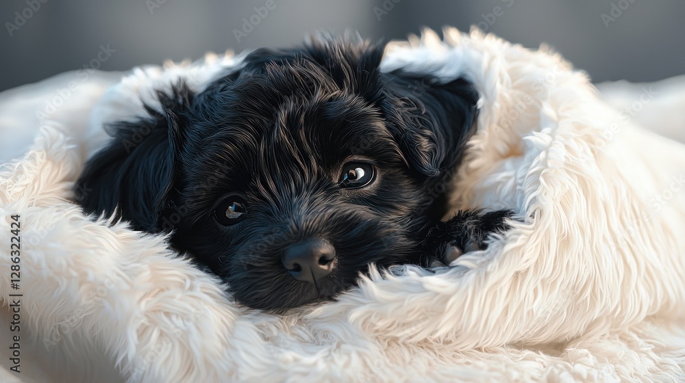 Adorable Black Puppy Snuggled in a Fluffy Blanket Adorable Black Puppy Snuggled in a Fluffy Blanket