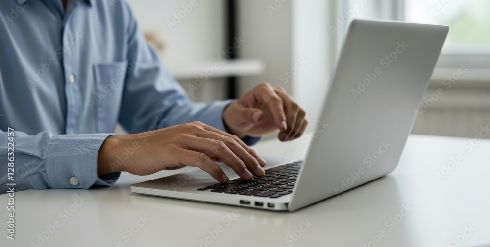 Person typing on laptop computer in modern office workspace Person typing on laptop computer in modern office workspace