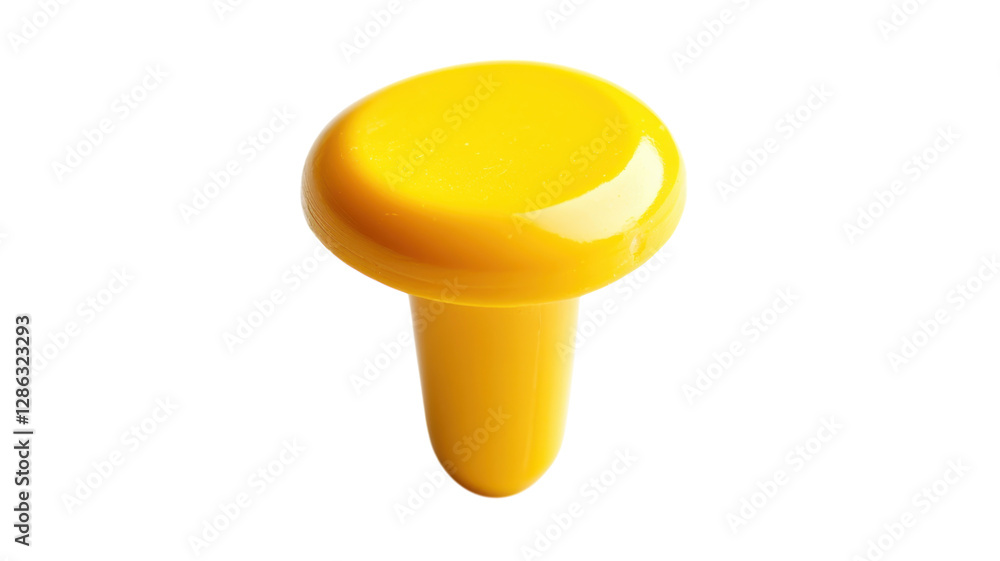 Bright yellow push pin stands upright on a clean white background showcasing its smooth surface and simple design