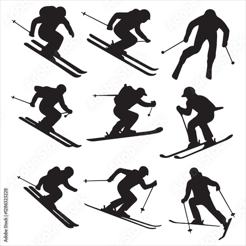 set of black vector various skiers silhouettes