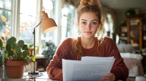 A serene young woman sits at a well-lit desk with papers  exuding confidence and focus  highlighting the importance of tranquility within a busy lifestyle.