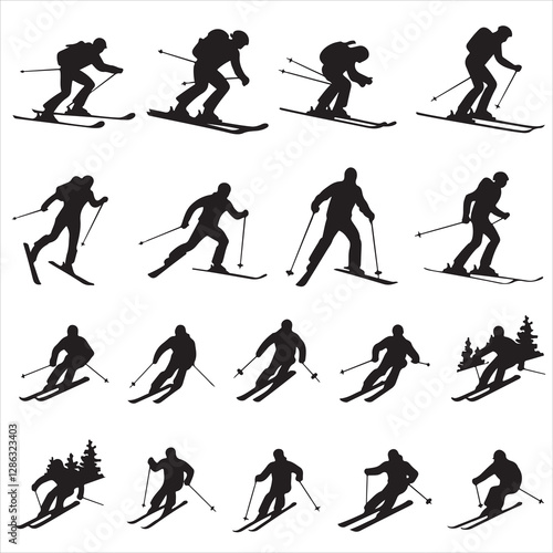 set of black vector various skiers silhouettes