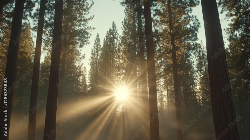 Fototapeta premium Golden beams of light break through tall pines, illuminating mist rising from the forest floor in the serene crispness of a quiet morning