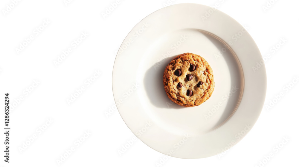 Freshly baked chocolate chip cookie on a white plate against a bright background