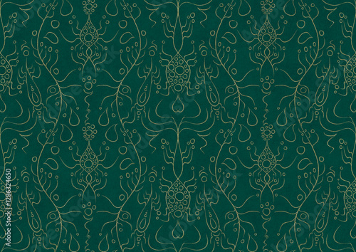 Hand-drawn unique abstract symmetrical seamless gold ornament on a dark cold green background. Paper texture. Digital artwork, A4. (pattern: p13-1b)