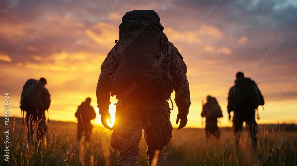 A powerful image of men with backpacks walking into a beautiful sunset, symbolizing adventure, teamwork, and the serene embrace of nature during their journey.