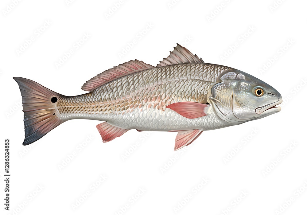 Red Drum Fish Illustration on White Background