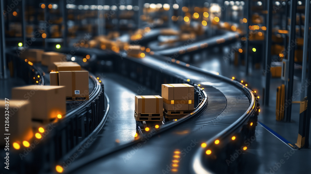 Aerial view of a warehouse where conveyor belts transport packages through sorting stations. Aerial view of a warehouse where conveyor belts transport packages through sorting stations.
