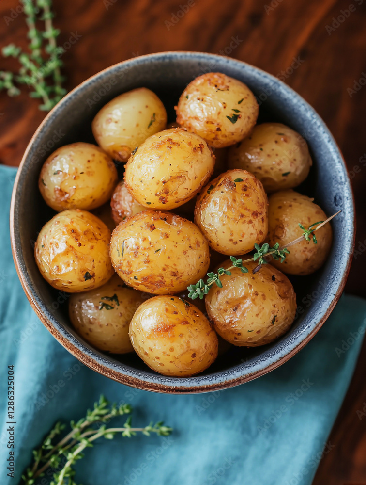 Baked new potatoes, with butter and herbs, homemade, no people, Baked new potatoes, with butter and herbs, homemade, no people,