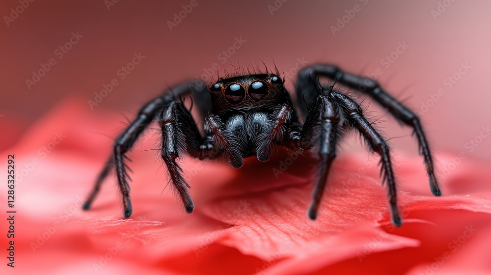 A striking close-up of a glossy black jumping spider perched on vibrant red flower petals, capturing the intricate details and colors of nature's beauty.