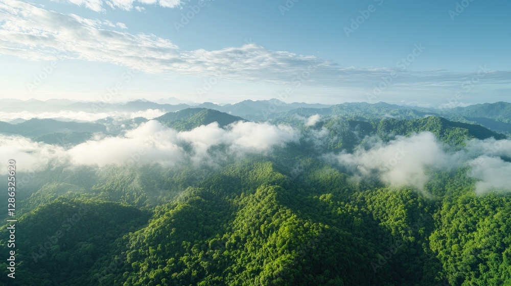 Obraz premium Lush green mountain ridges covered in low clouds and mist under a bright morning sky.
